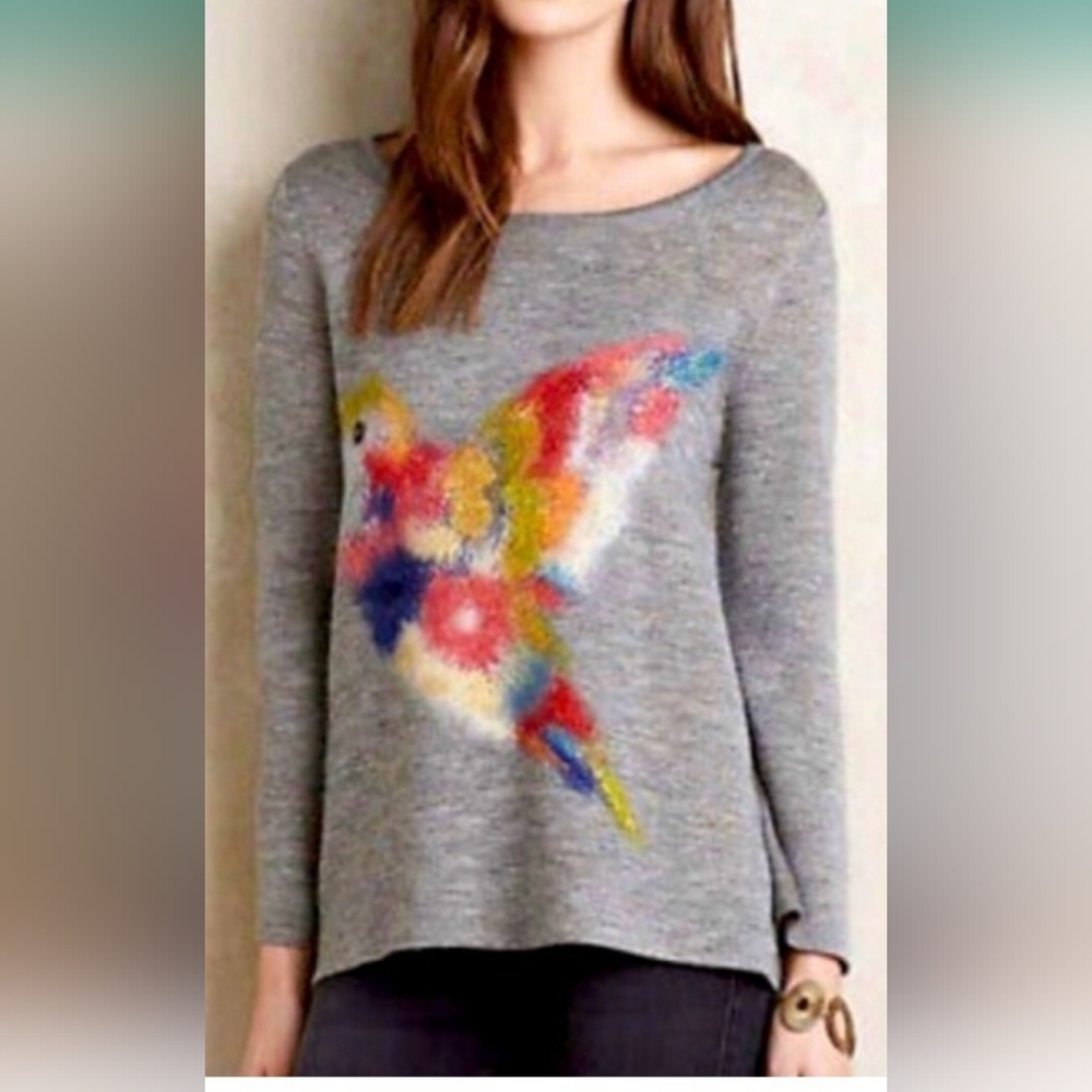 Anthropologie Starla M. Hoffman Sweater Womens XS Gray Hummingbird Wool Blend